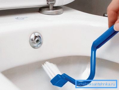 Um eine gute Drainage zu gewährleisten, müssen Sie den Rand der Toilettenschüssel gründlich von mineralischen Ablagerungen reinigen