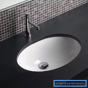 Keramikwaschbecken in die Arbeitsplatte im Badezimmer eingebaut Keramikwaschbecken in die Arbeitsplatte im Badezimmer eingebaut
