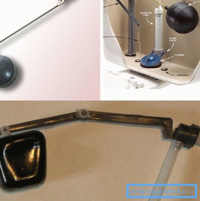 Das Ventil mit einem Schwimmer für eine Toilettenschüssel auf dem Metall- und Kunststoffhebel Das Ventil mit einem Schwimmer für eine Toilettenschüssel auf dem Metall- und Kunststoffhebel