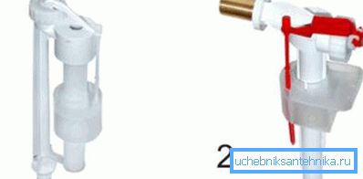 Wasserversorgungsventile: 1 - Boden, 2 - seitige Zufuhr. Wasserversorgungsventile: 1 - Boden, 2 - seitige Zufuhr.