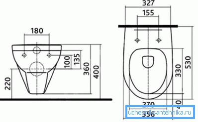 Auf dem Foto - die Standardmaße der aufgehängten Toilette Auf dem Foto - die Standardmaße der aufgehängten Toilette