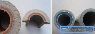 Rohrschnitt mit Faser- (links) und Aluminiumverstärkung (rechts). Rohrschnitt mit Faser- (links) und Aluminiumverstärkung (rechts).